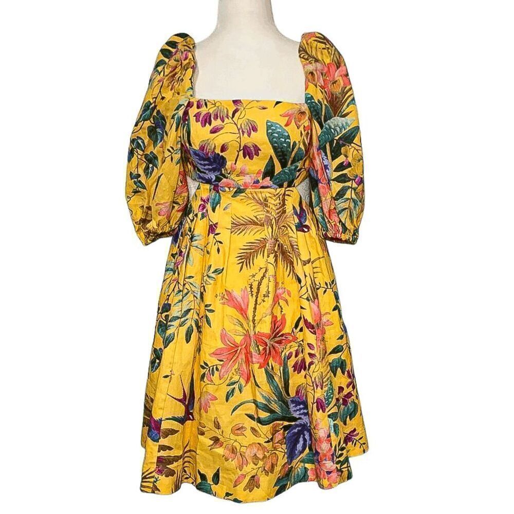 Zimmermann Tropicana Floral Linen Cut-Out Printed Yellow Mini Dress AU 0, US 4 - Picture 3 of 10